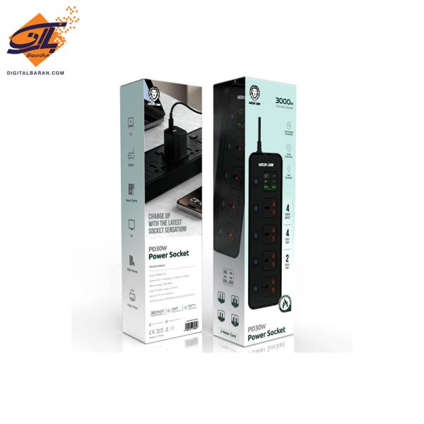 چند راهی و محافظ برق و شارژر گرین لاین Green Lion Multiport Smart Power Socket 3000W