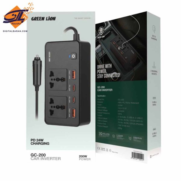 اینورتر فندکی خودرو گرین لاین مدل GREEN LION GC-200 توان 200 وات